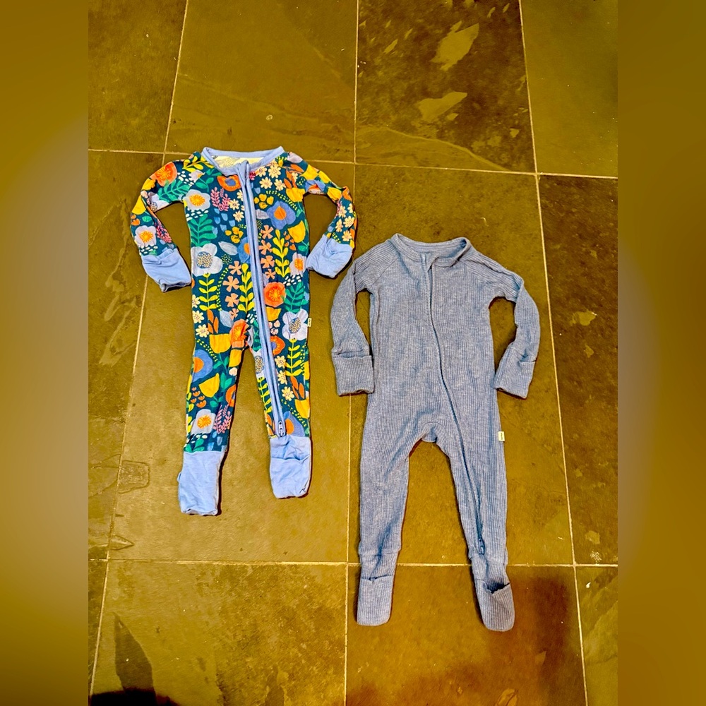 Set of two Little Sleepies 0-3 “Folk Floral” and “Heather Blue Ribbed” Zippy